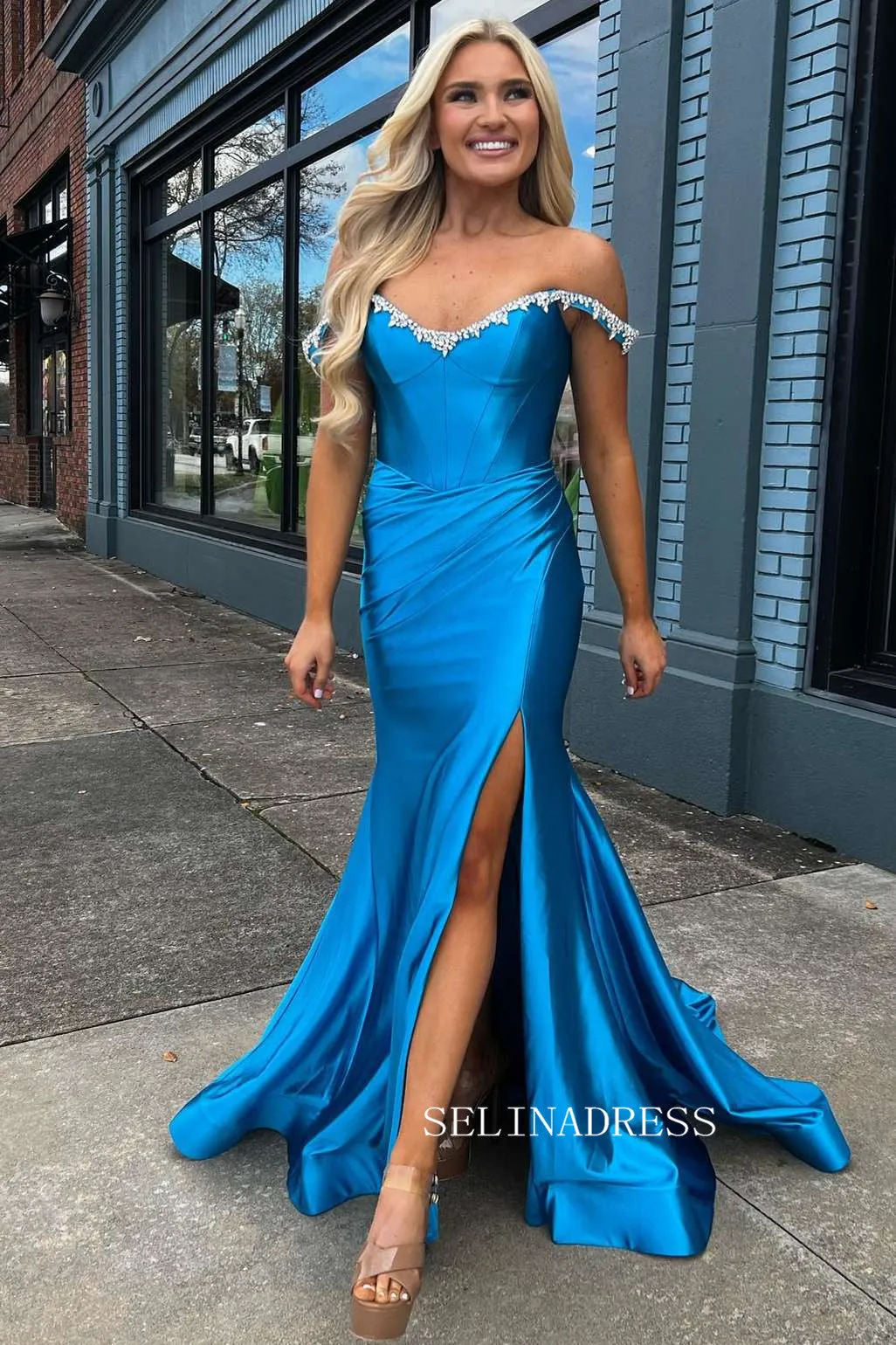 Off-the-shoulder Mermaid Royal Blue Long Prom Dress With Slit sew0620