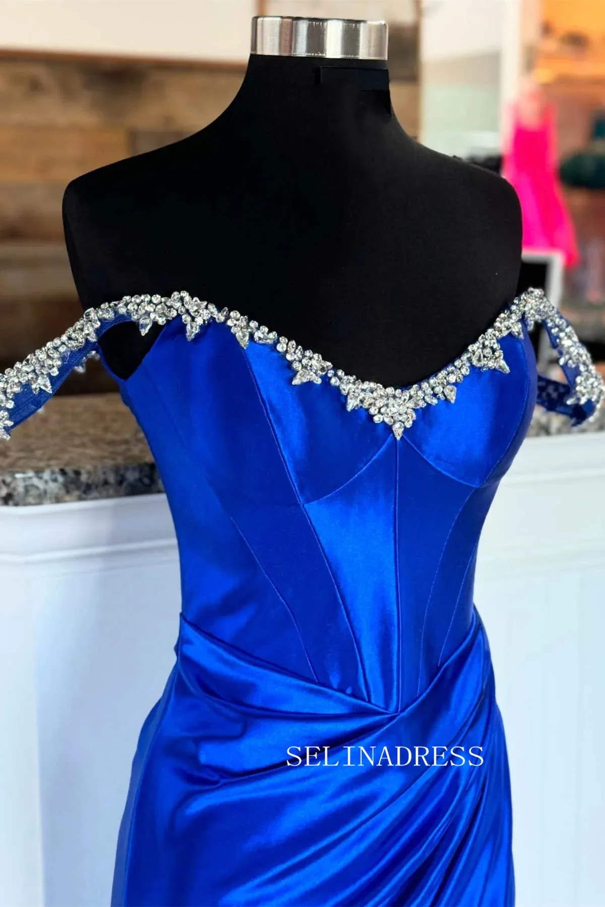 Off-the-shoulder Mermaid Royal Blue Long Prom Dress With Slit sew0620