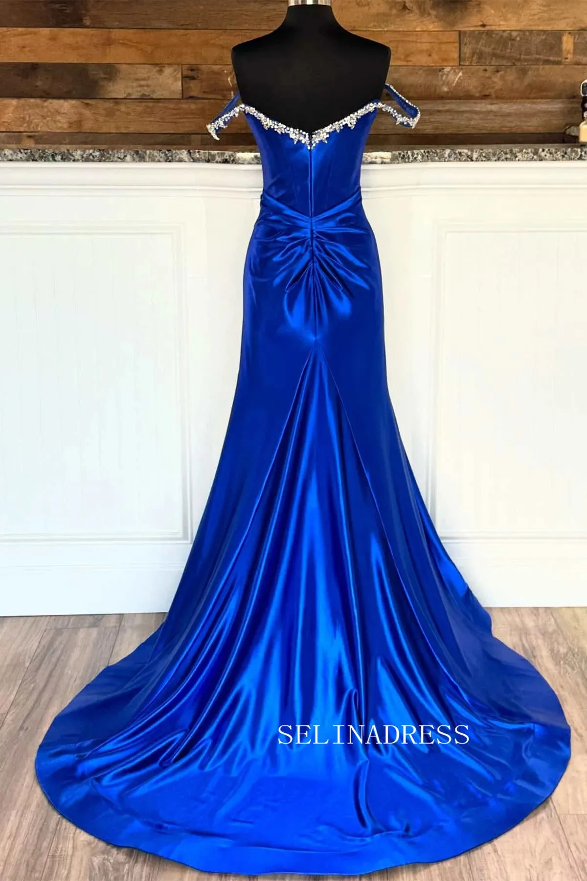 Off-the-shoulder Mermaid Royal Blue Long Prom Dress With Slit sew0620