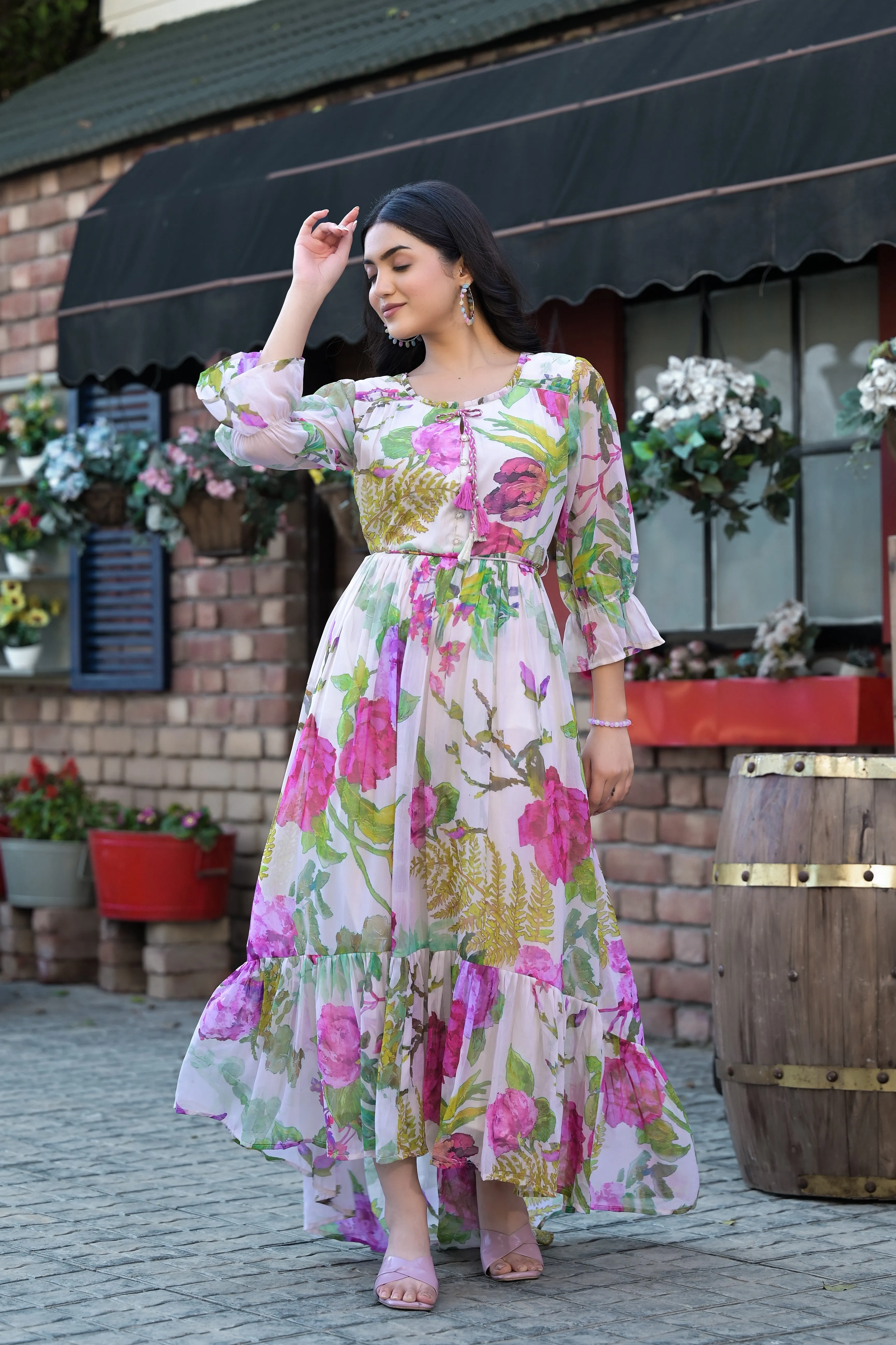 Off-White Floral Printed Premium Chiffon Silk Gown