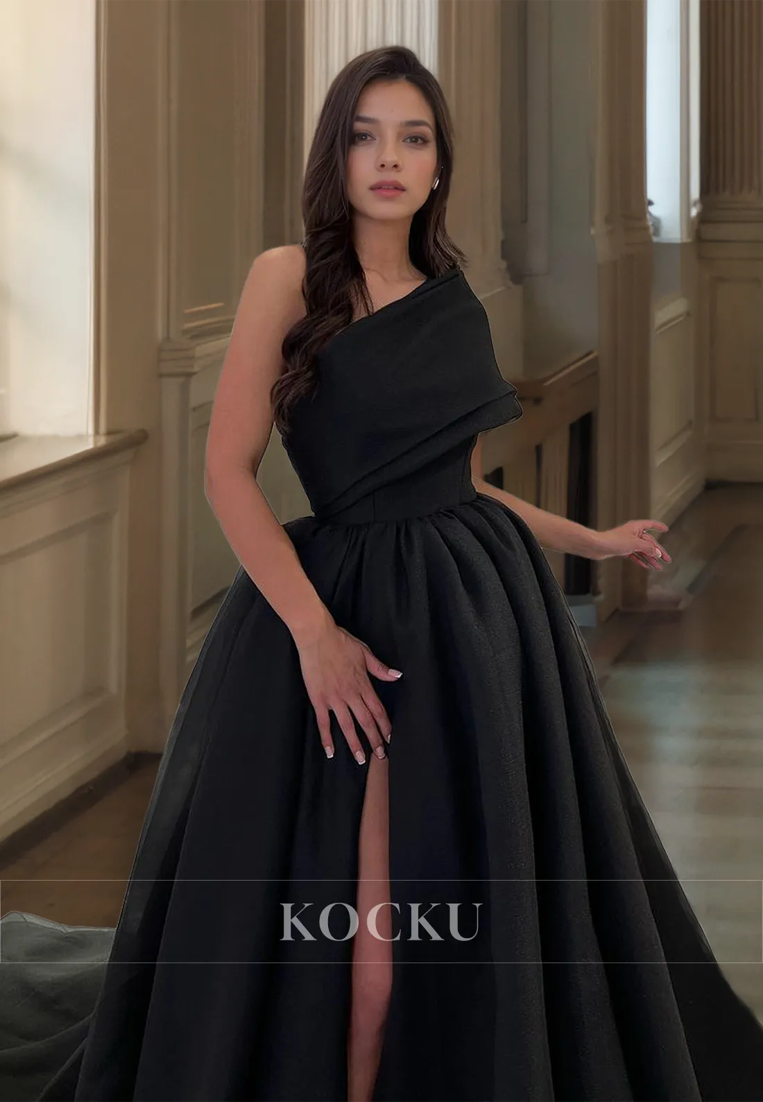 One Shoulder A-Line Sleeveless High Slit Pleated Lace Party Dress Prom Dress with Train