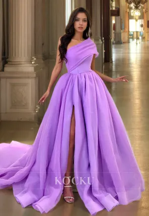 One Shoulder A-Line Sleeveless High Slit Pleated Lace Party Dress Prom Dress with Train