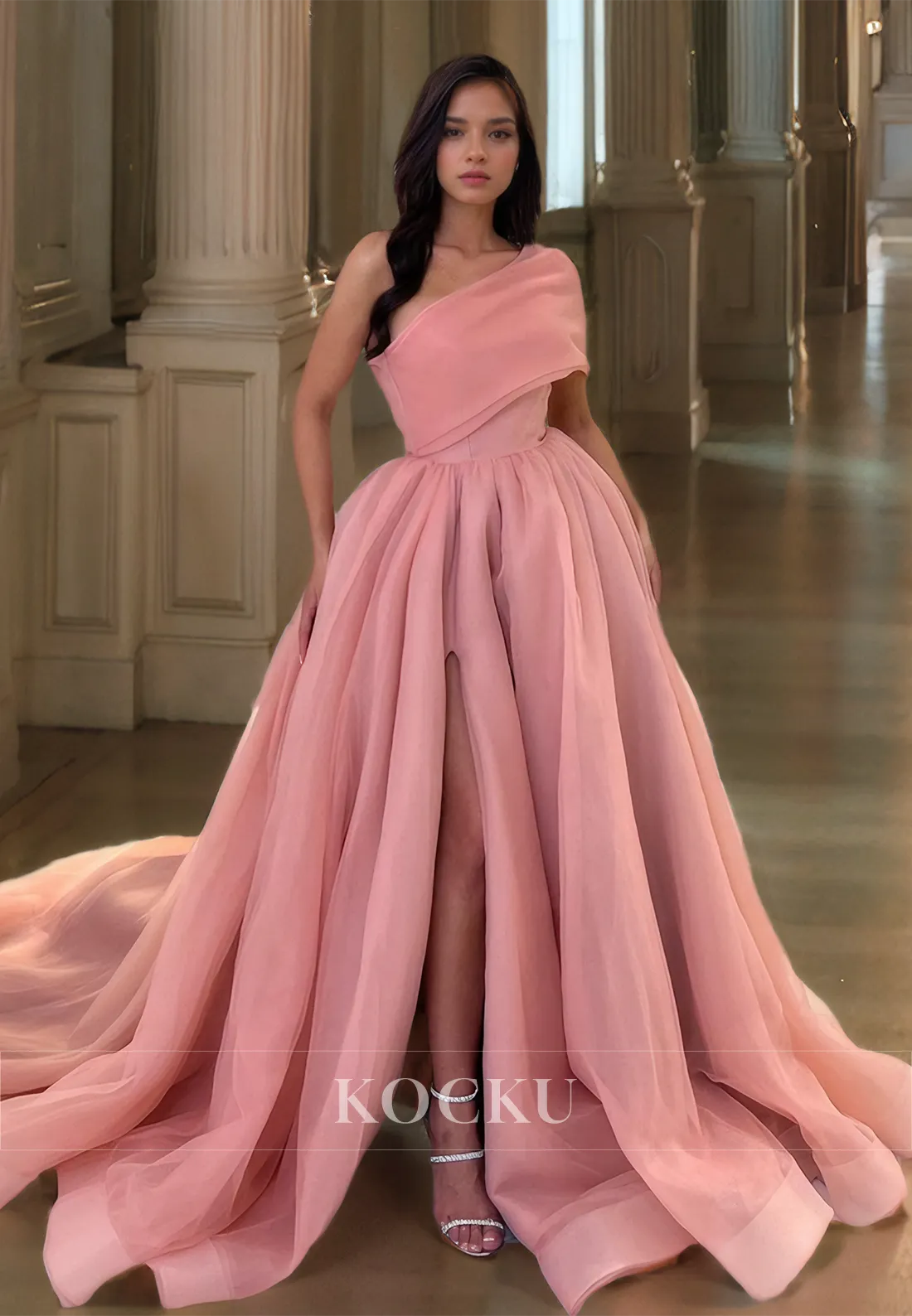 One Shoulder A-Line Sleeveless High Slit Pleated Lace Party Dress Prom Dress with Train