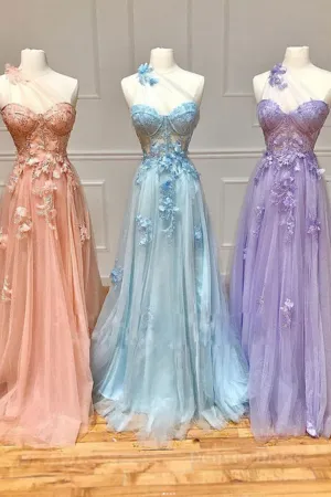 One Shoulder Floral Long Prom Dresses Formal Graduation Evening Dress