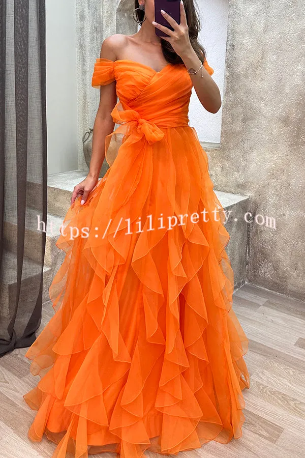 Pretty First Impression Tulle Off Shoulder Tiered Ruffle Evening Maxi Dress