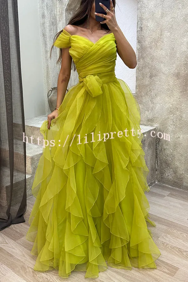 Pretty First Impression Tulle Off Shoulder Tiered Ruffle Evening Maxi Dress