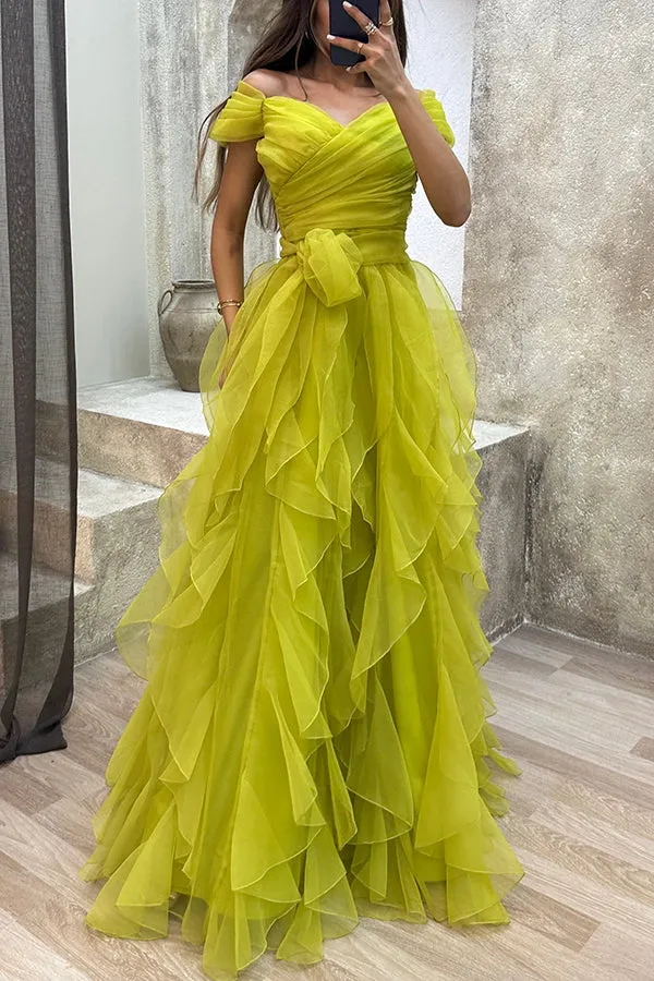 Pretty First Impression Tulle Off Shoulder Tiered Ruffle Evening Maxi Dress