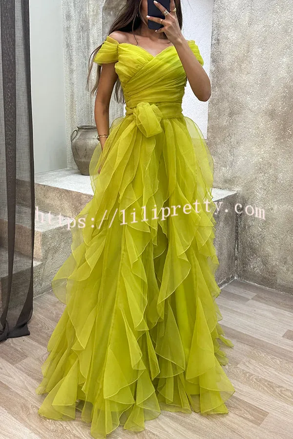 Pretty First Impression Tulle Off Shoulder Tiered Ruffle Evening Maxi Dress