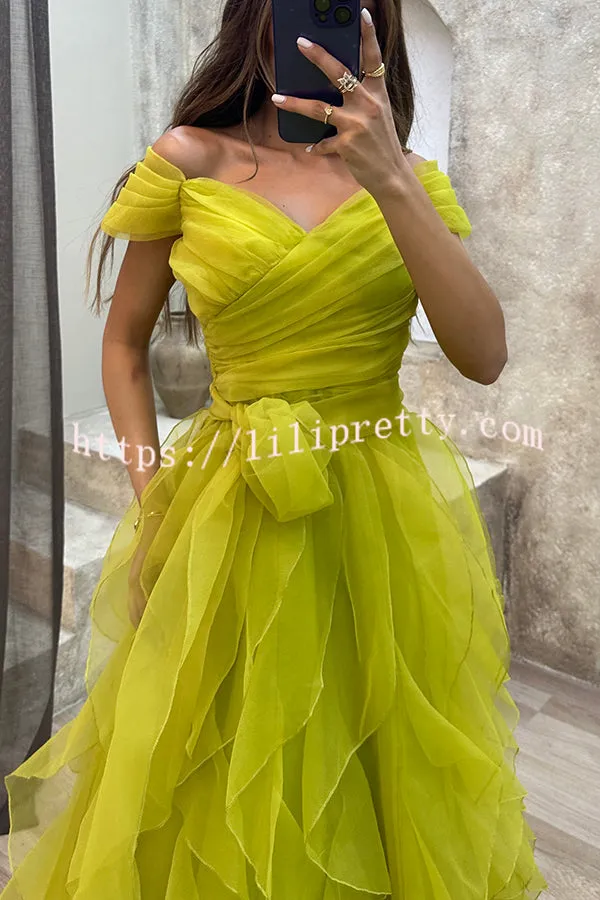Pretty First Impression Tulle Off Shoulder Tiered Ruffle Evening Maxi Dress
