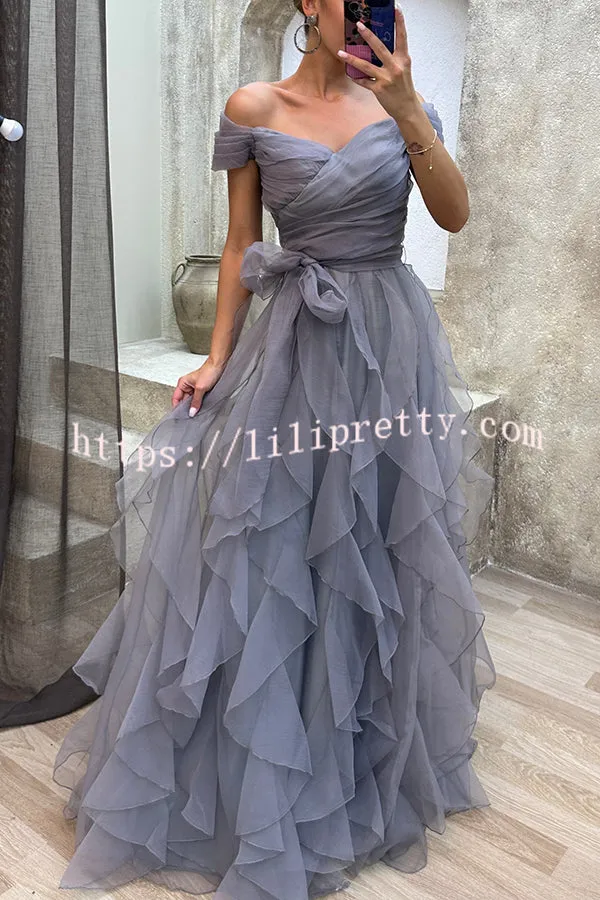 Pretty First Impression Tulle Off Shoulder Tiered Ruffle Evening Maxi Dress