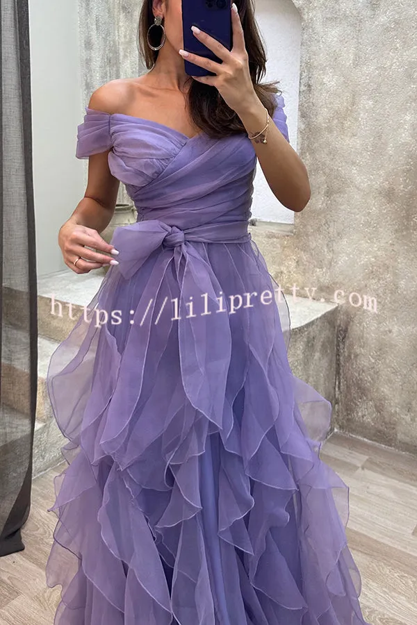 Pretty First Impression Tulle Off Shoulder Tiered Ruffle Evening Maxi Dress