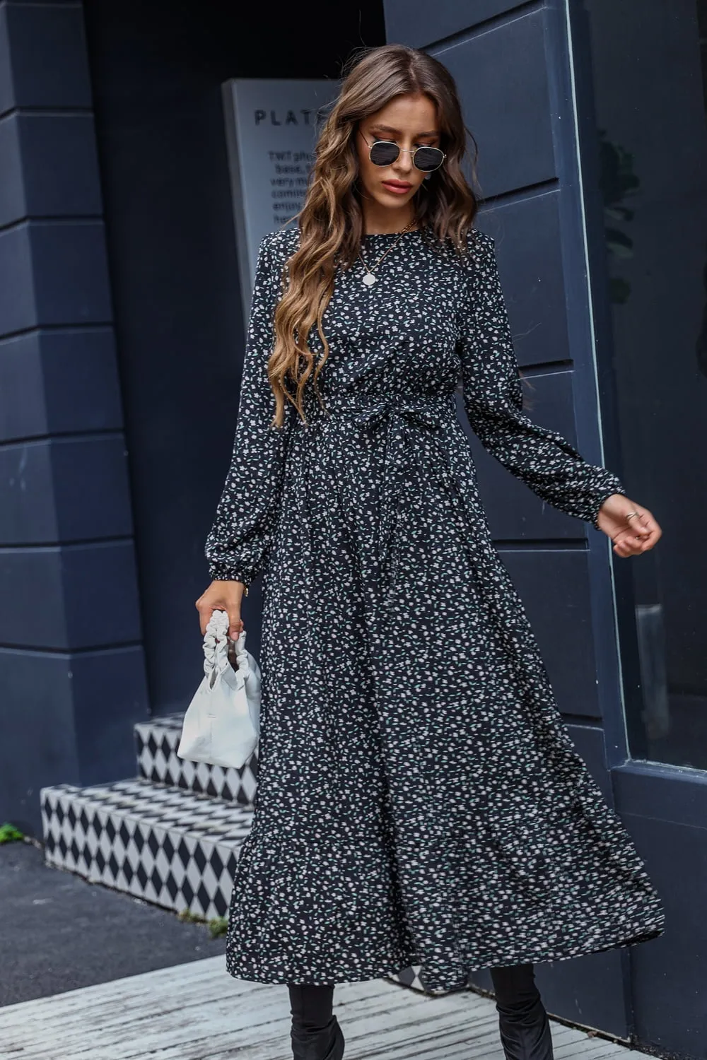 Printed Round Neck Long Sleeve Midi Dress