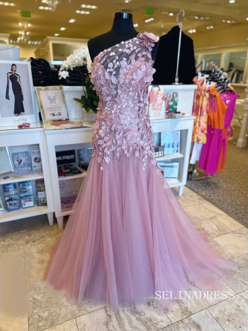 Red One Shoulder Leaf Appliques Mermaid Prom Dress lpk561