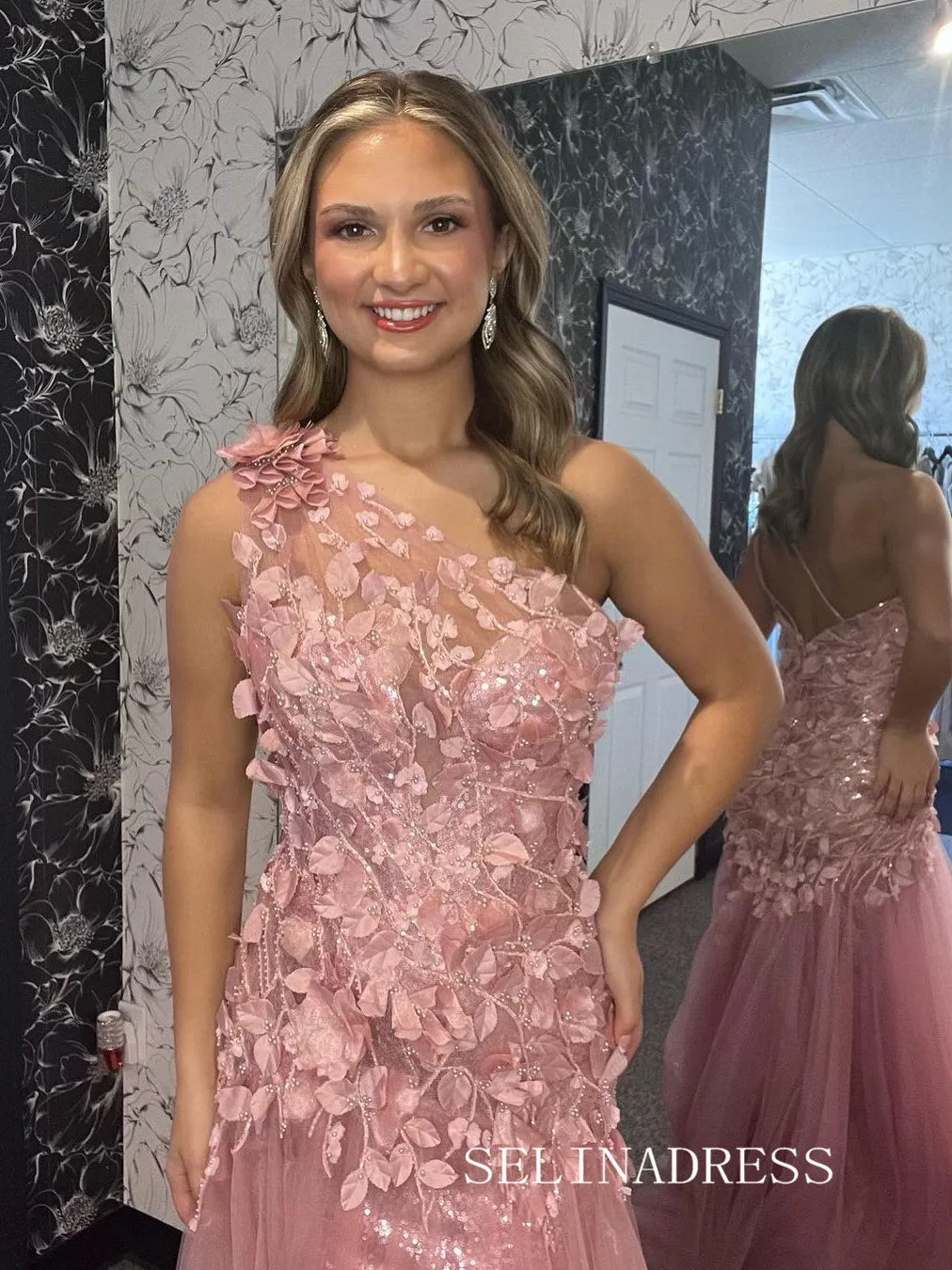 Red One Shoulder Leaf Appliques Mermaid Prom Dress lpk561