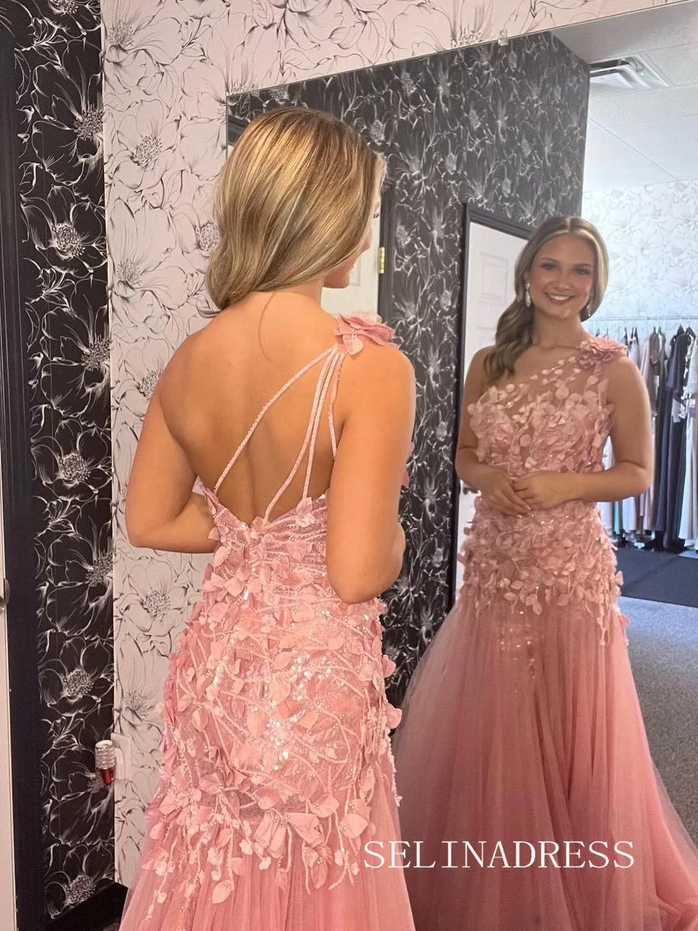 Red One Shoulder Leaf Appliques Mermaid Prom Dress lpk561