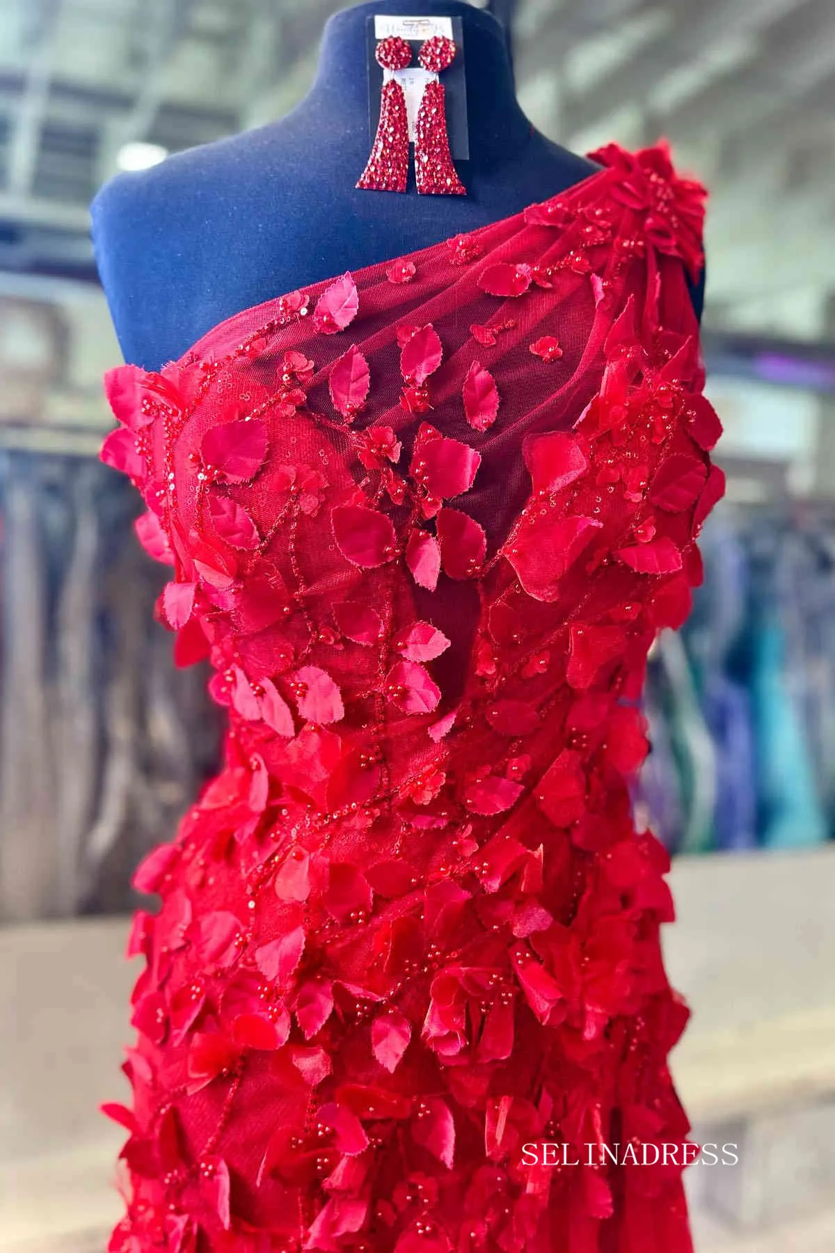 Red One Shoulder Leaf Appliques Mermaid Prom Dress lpk561