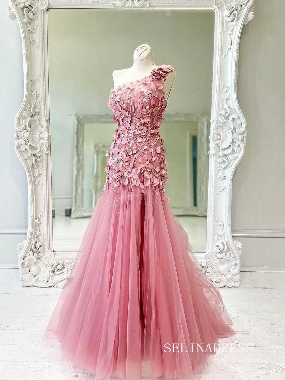Red One Shoulder Leaf Appliques Mermaid Prom Dress lpk561