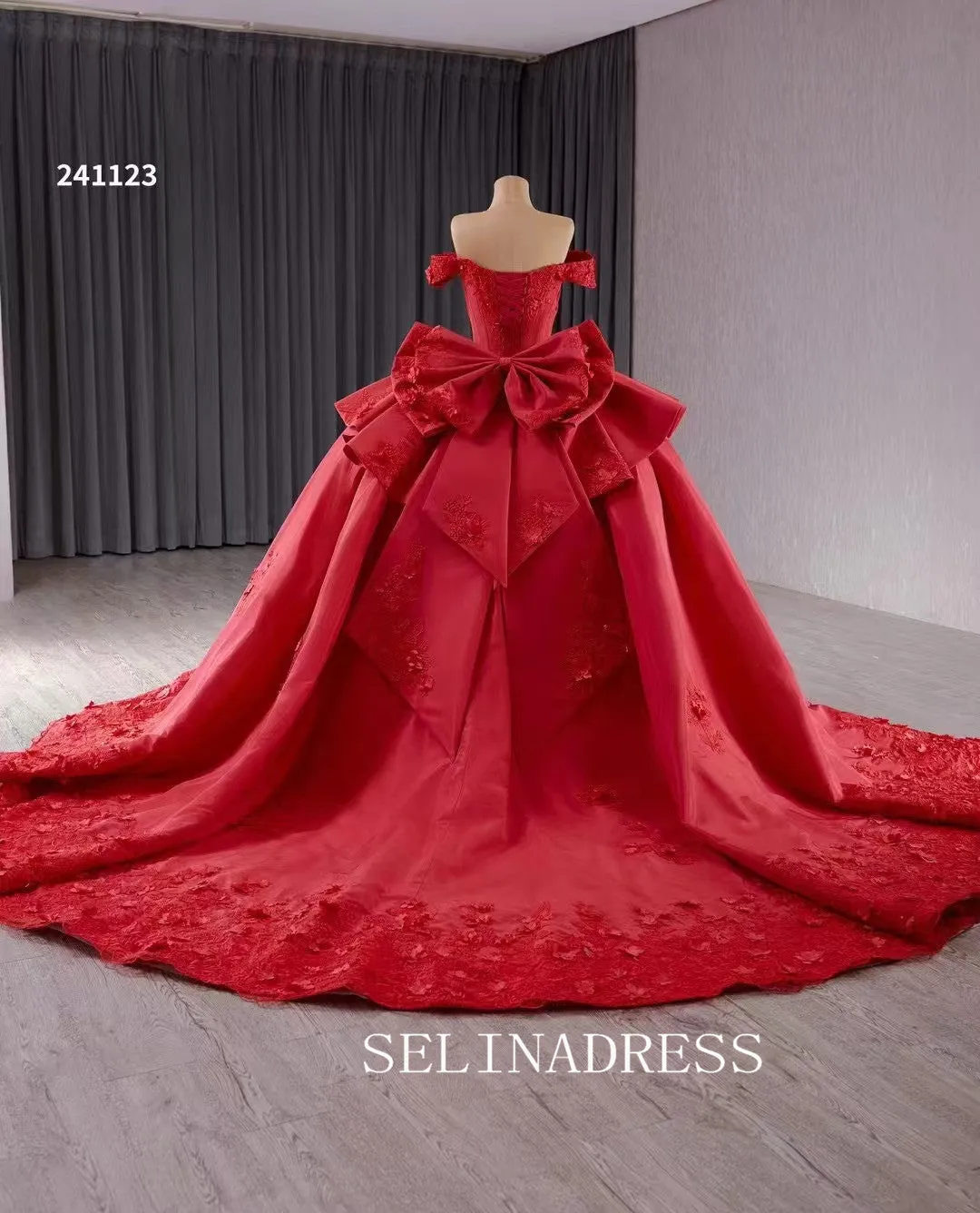 Red Satin Wedding Gown Off the Shoulder 3D Flower Quinceanera Dress 241123