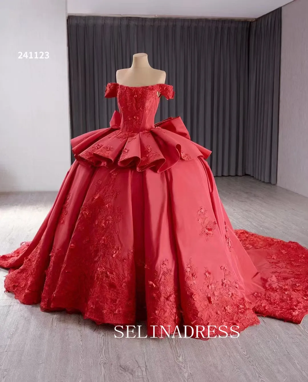 Red Satin Wedding Gown Off the Shoulder 3D Flower Quinceanera Dress 241123