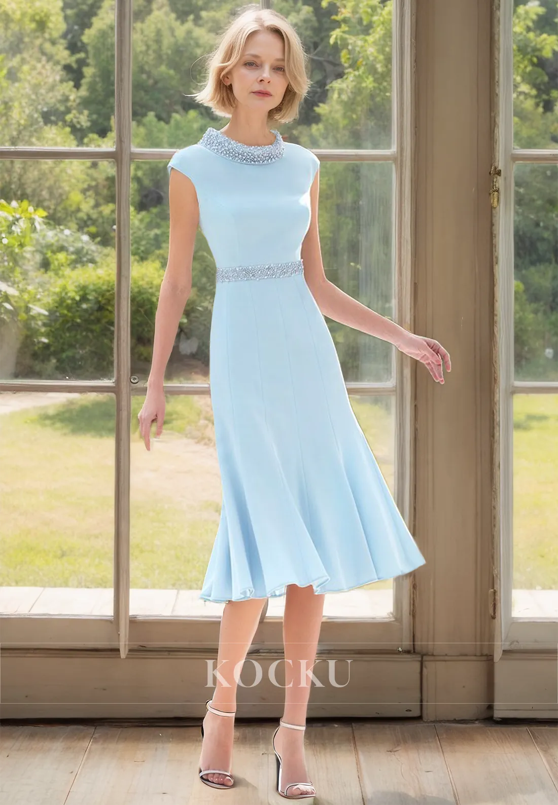 Scoop Neck Cap Sleeves A-Line Two Piece Chiffon Cocktail Dress Mother of Bride Dress with Beads