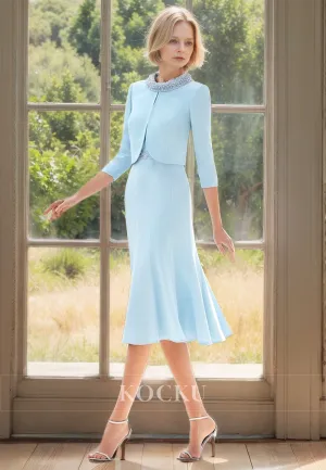Scoop Neck Cap Sleeves A-Line Two Piece Chiffon Cocktail Dress Mother of Bride Dress with Beads