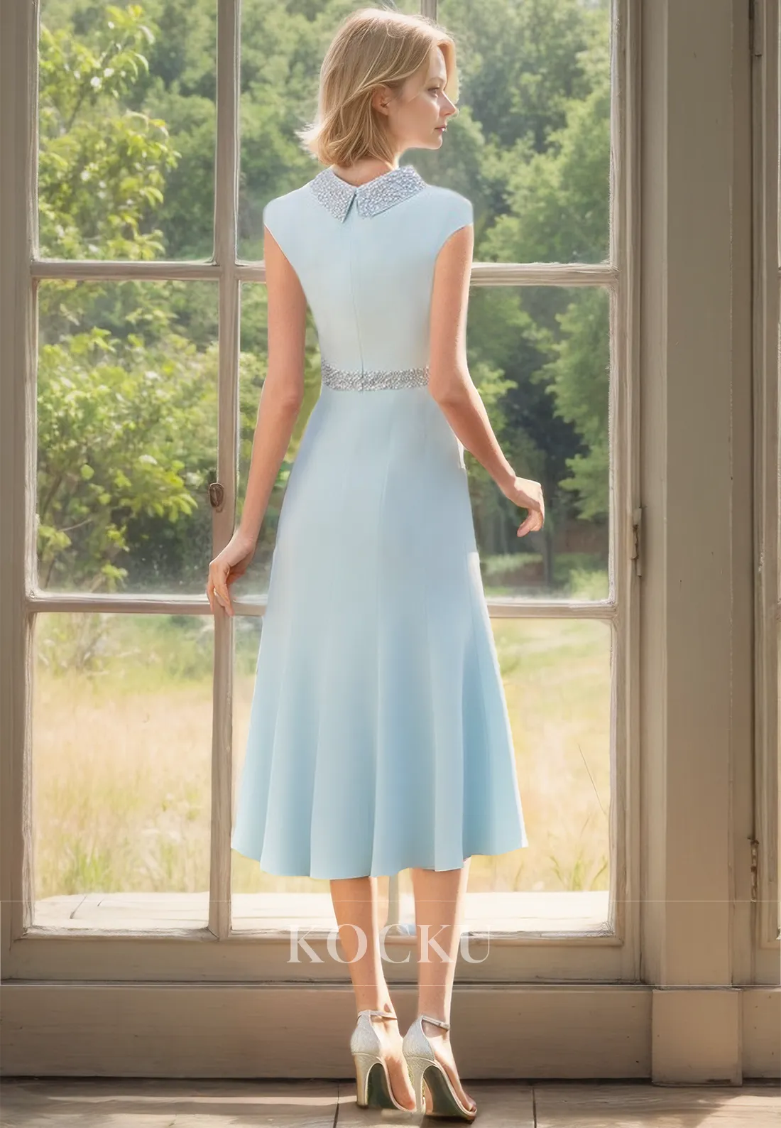 Scoop Neck Cap Sleeves A-Line Two Piece Chiffon Cocktail Dress Mother of Bride Dress with Beads