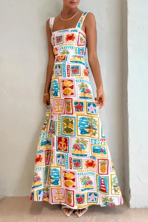Sexy Vacation Print Contrast Square Collar Printed Dress Dresses