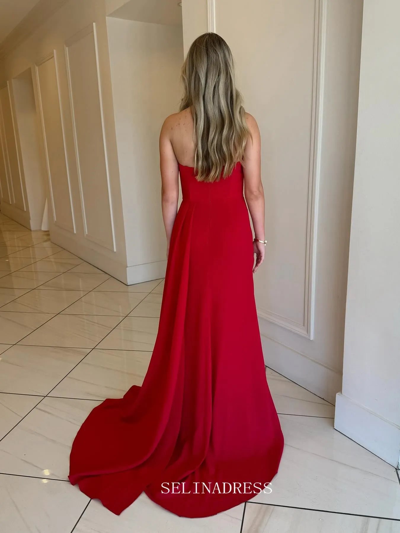 Sheath/Column Strapless Red Long Prom Dress Evening Dress With Split sew1097