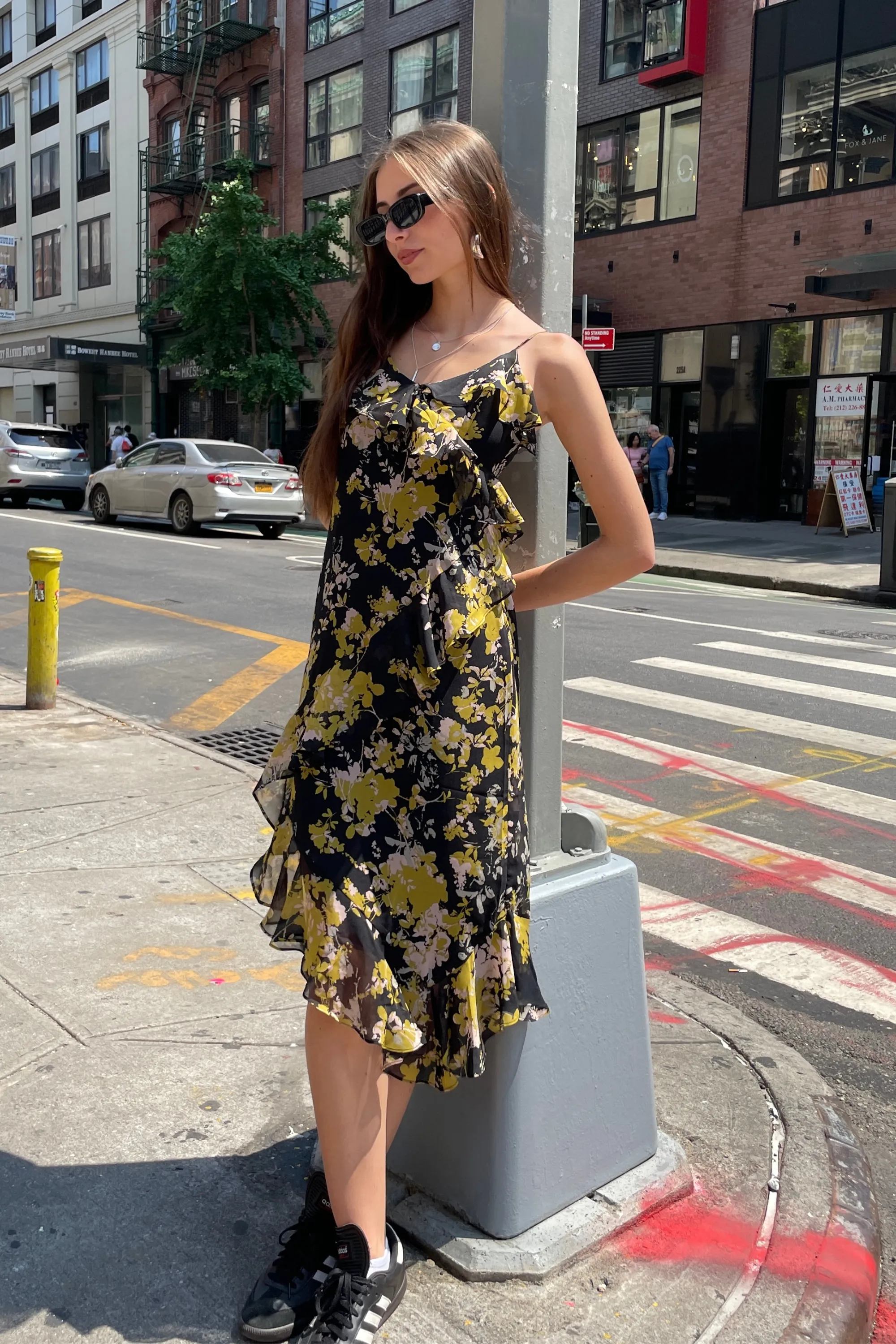 Silk Layer Ruffle Printed Black Dress