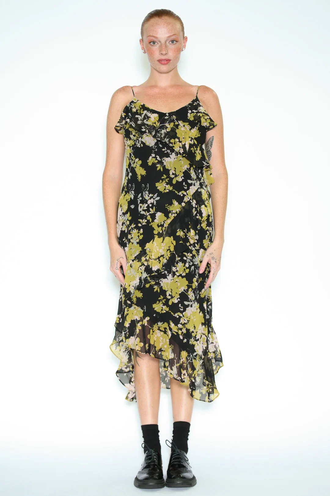 Silk Layer Ruffle Printed Black Dress
