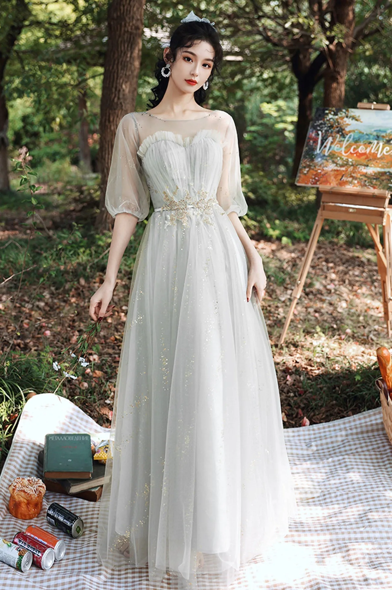 solvbao Gray Tulle Lace Long A-Line Prom Dresses, Gray Tulle Bridesmaid Dresses