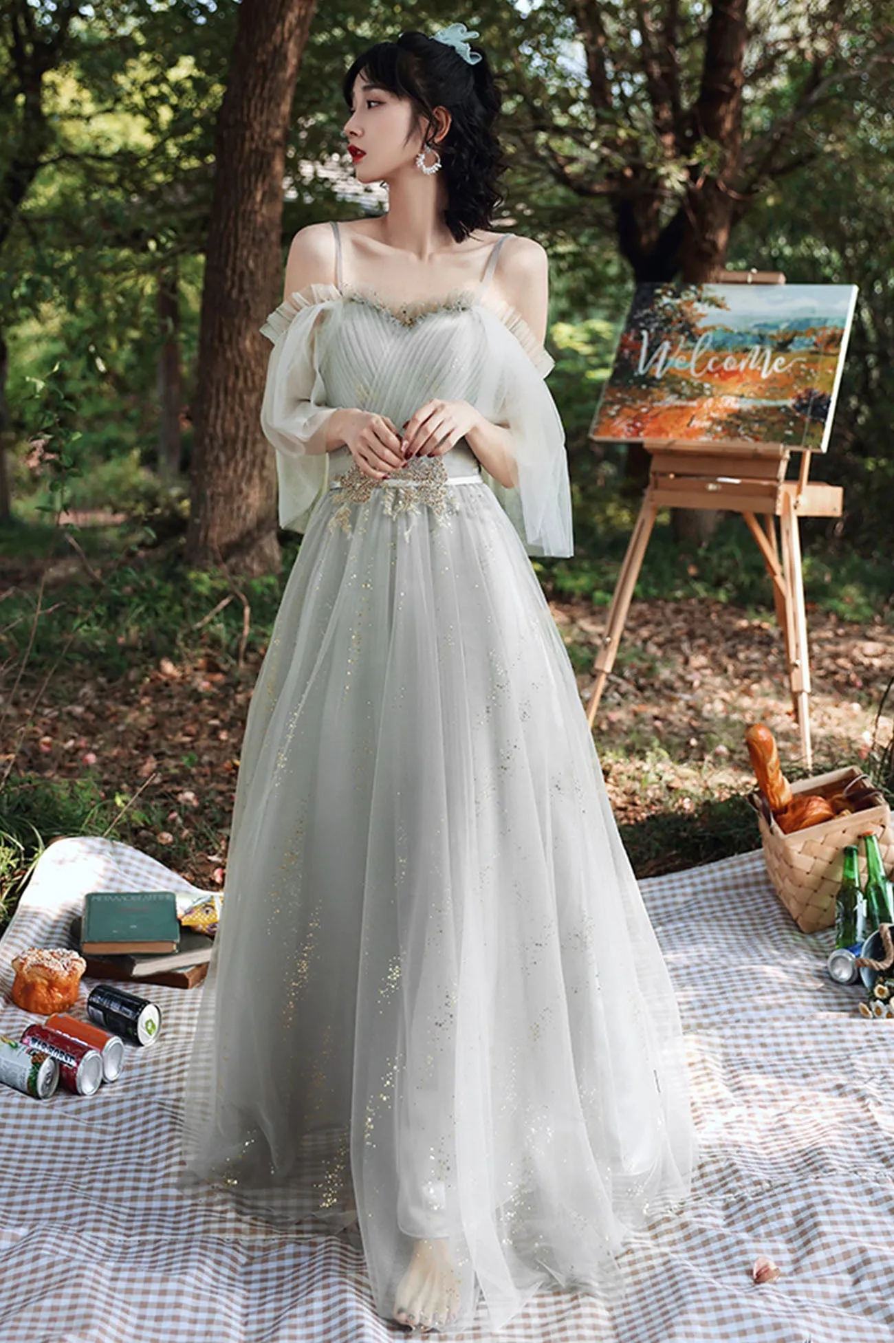 solvbao Gray Tulle Lace Long A-Line Prom Dresses, Gray Tulle Bridesmaid Dresses
