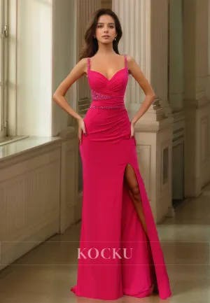 Spaghetti Straps Sweetheart Sheath Prom Dress Sleeveless Slit Pleats Satin Formal Gowns with Beads