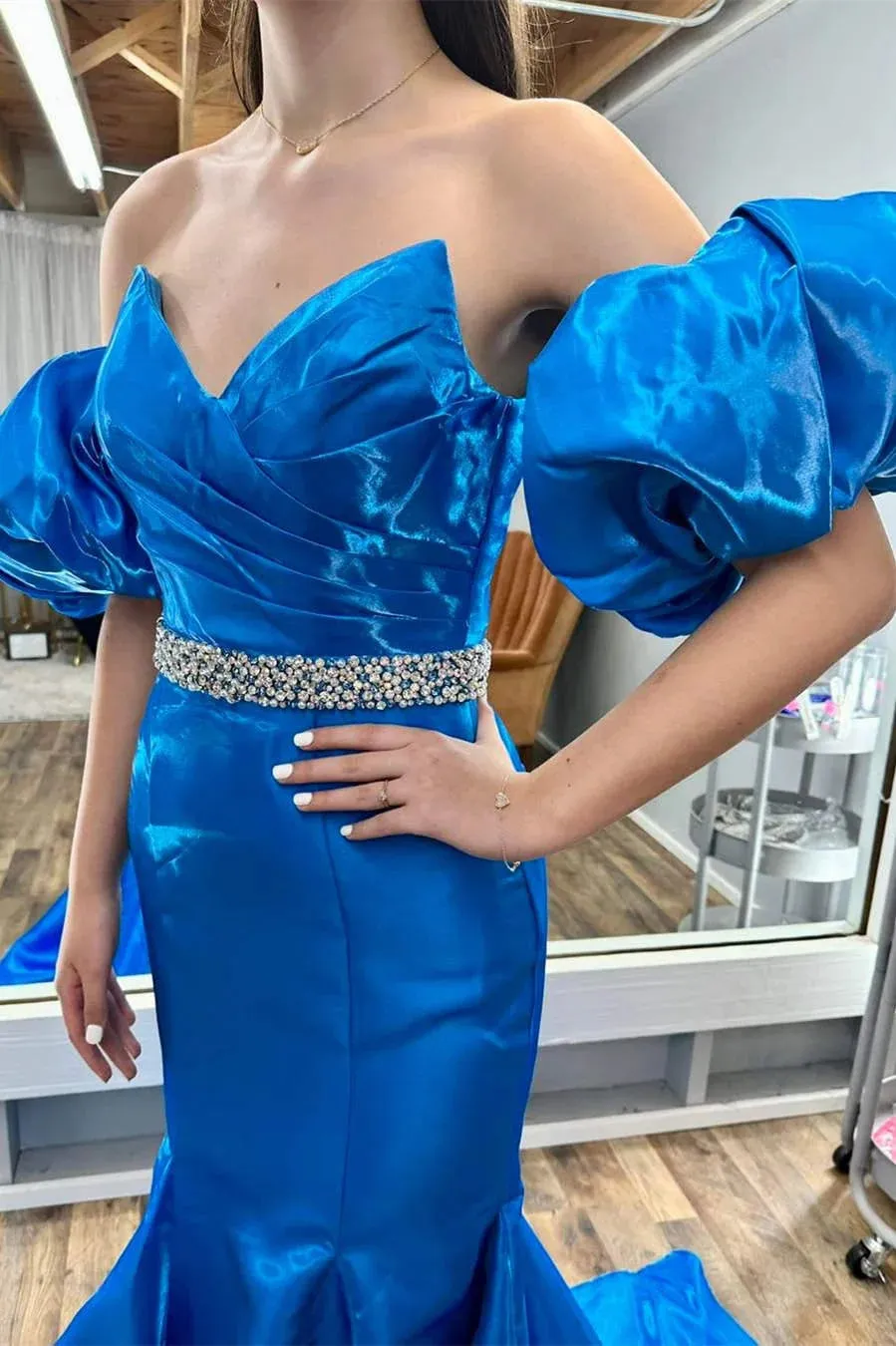 Strapless Blue Balloon Sleeves Mermaid Prom Dress with Jeweled Belt SEW1118