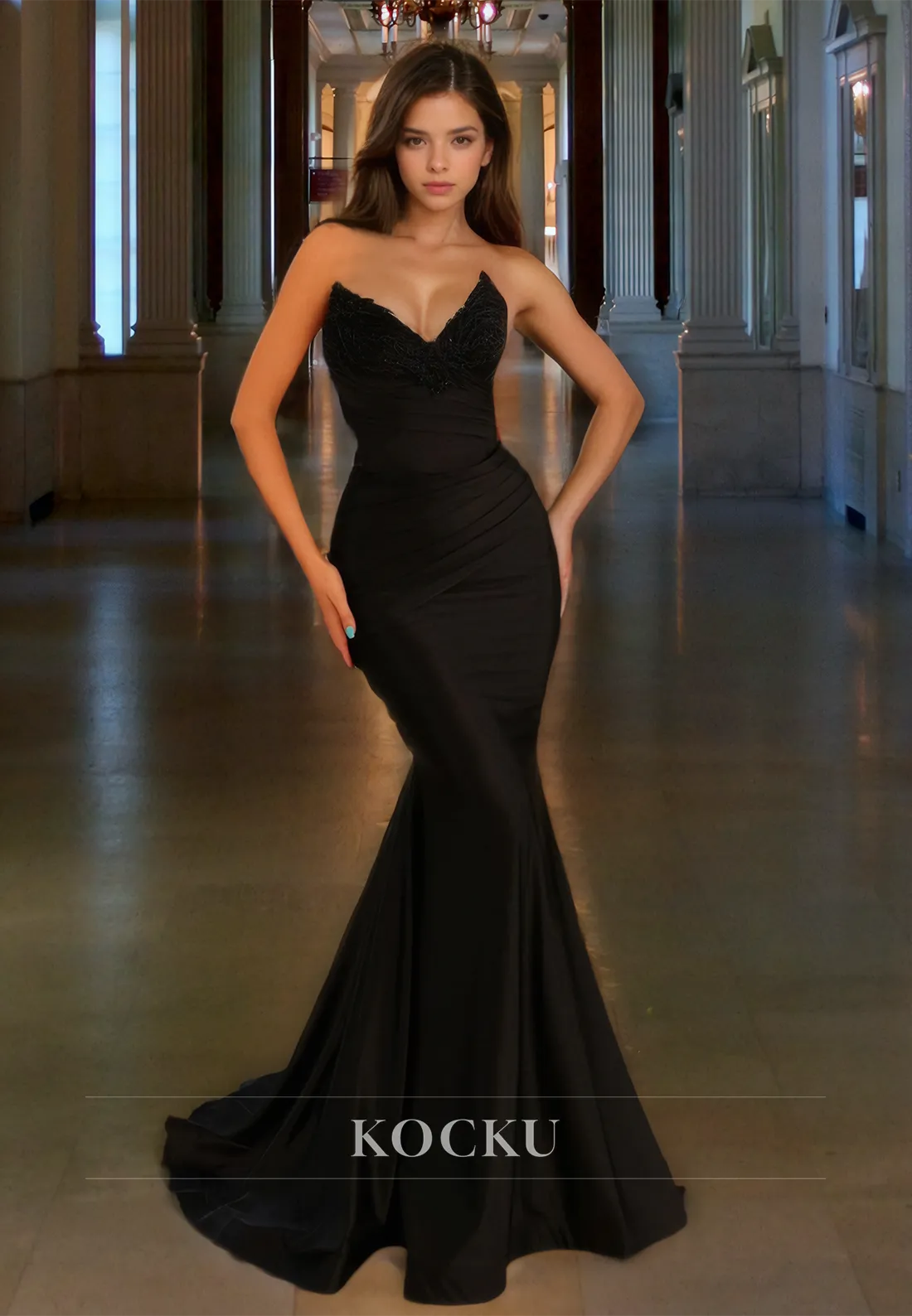 Sweetheart Sleeveless Mermaid Sweep Train Pleated Satin Formal Dress Prom Dress with Appliques