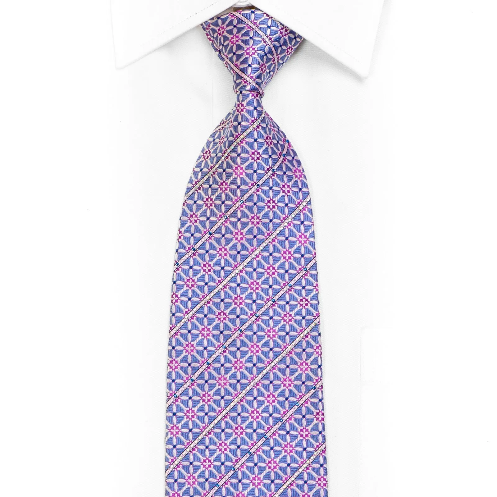 Trellis & Striped On Blue Rhinestone Tie