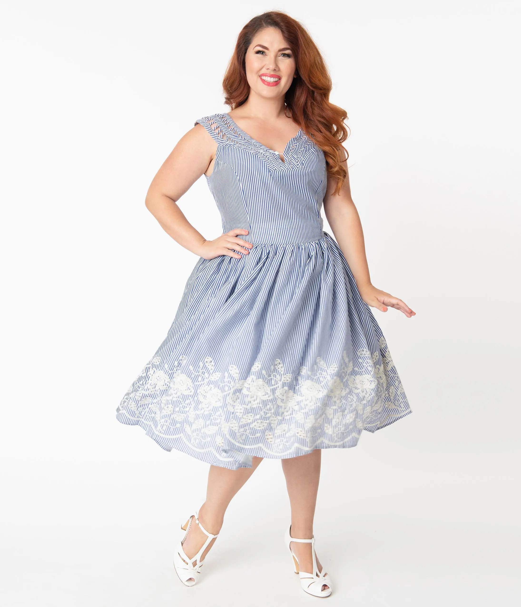 Unique Vintage Plus Size 1950s Navy & White Stripe Embroidered Olive Swing Dress