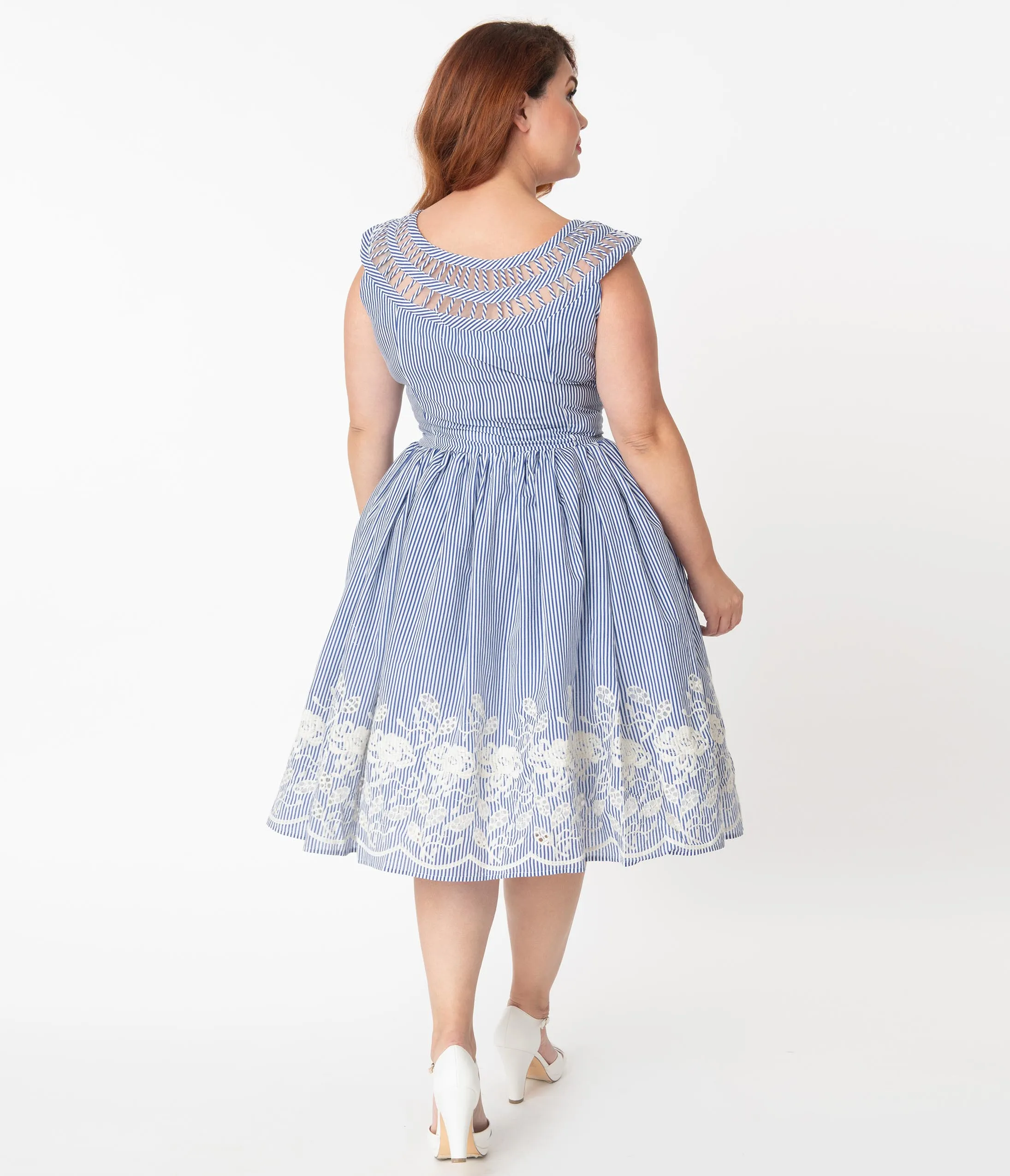 Unique Vintage Plus Size 1950s Navy & White Stripe Embroidered Olive Swing Dress