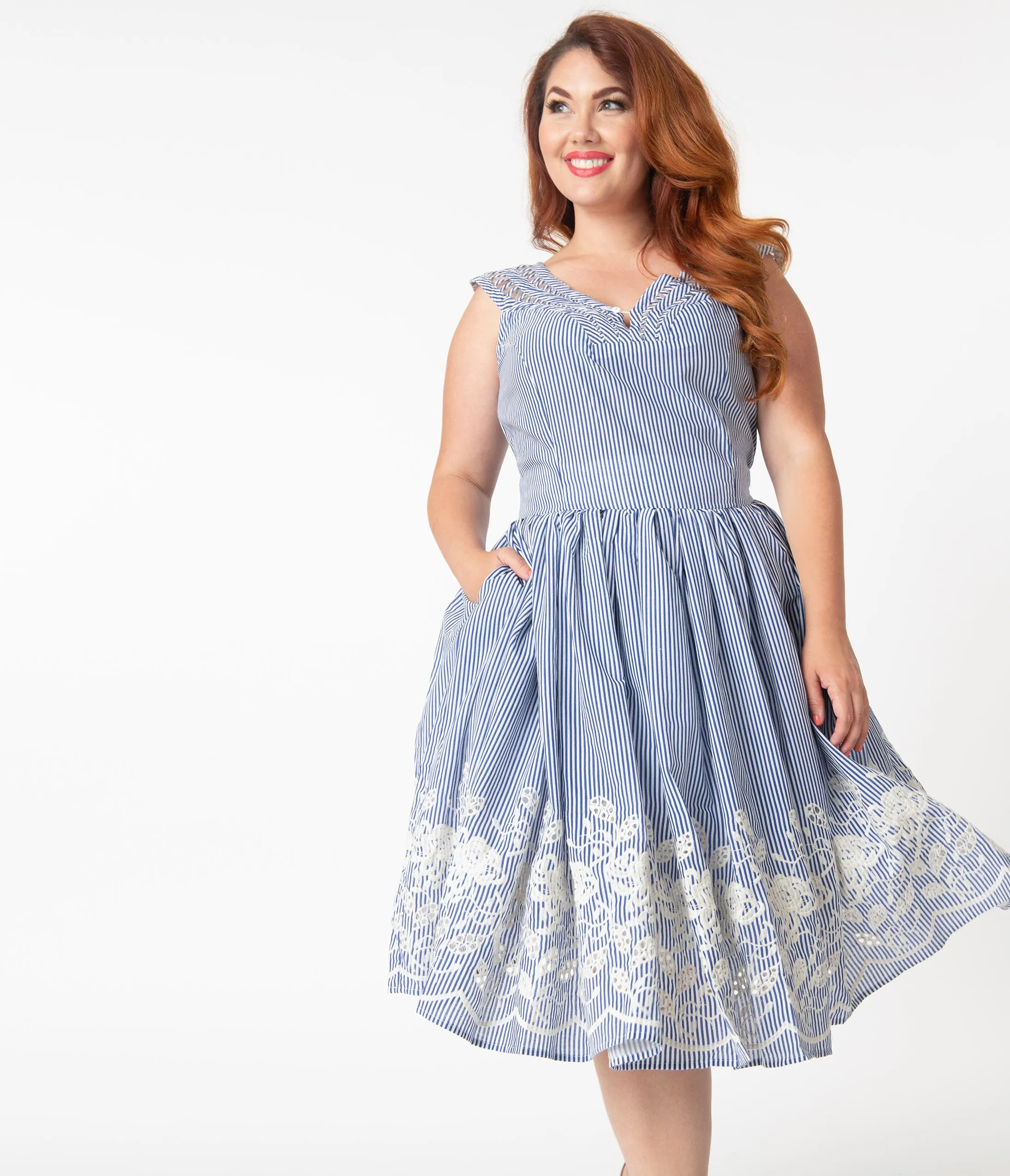 Unique Vintage Plus Size 1950s Navy & White Stripe Embroidered Olive Swing Dress