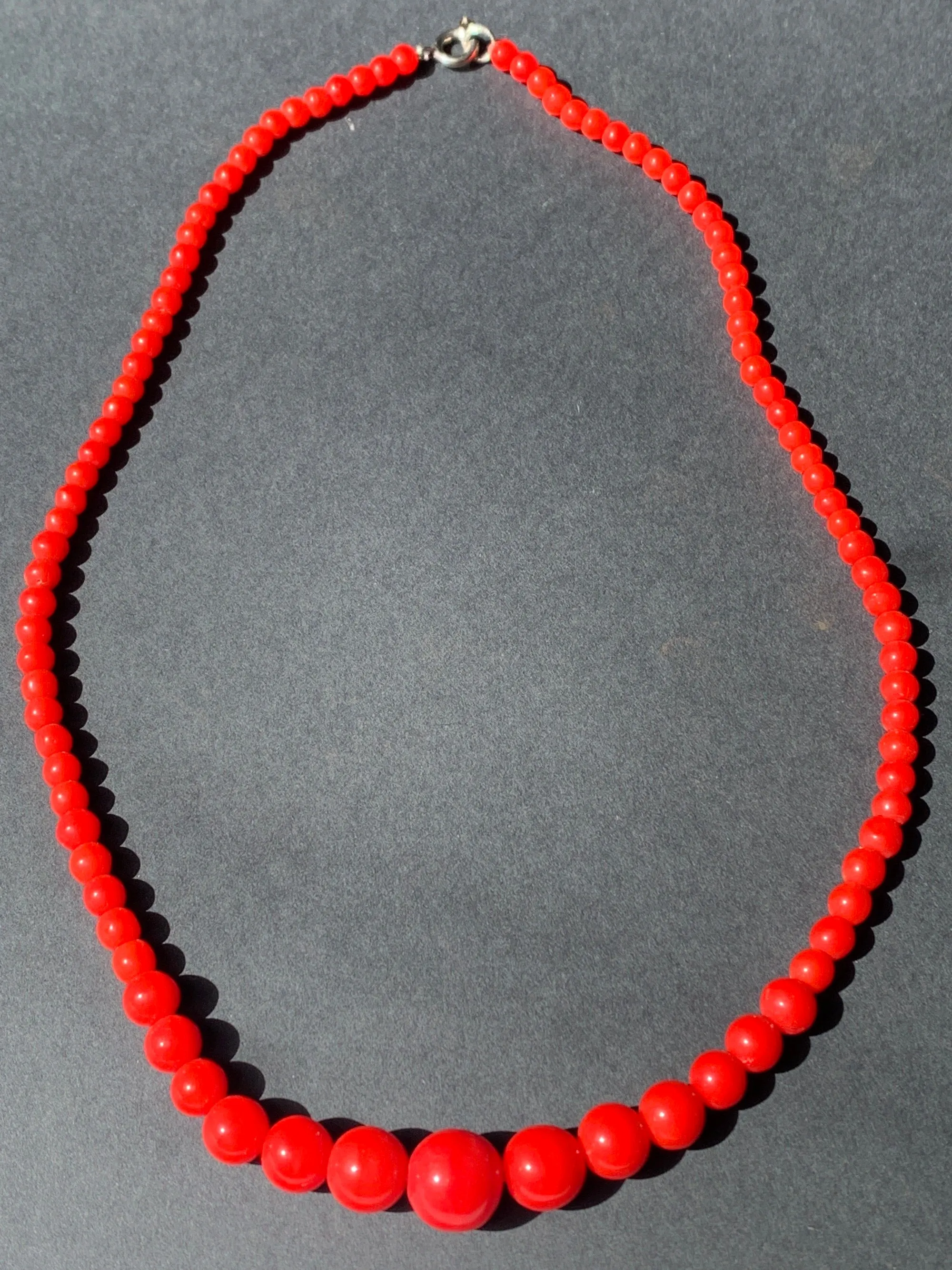 Vintage Graduated Red Glass Bead Necklace - 17.5"  long