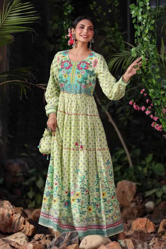 Women Lime Rayon Floral Dress
