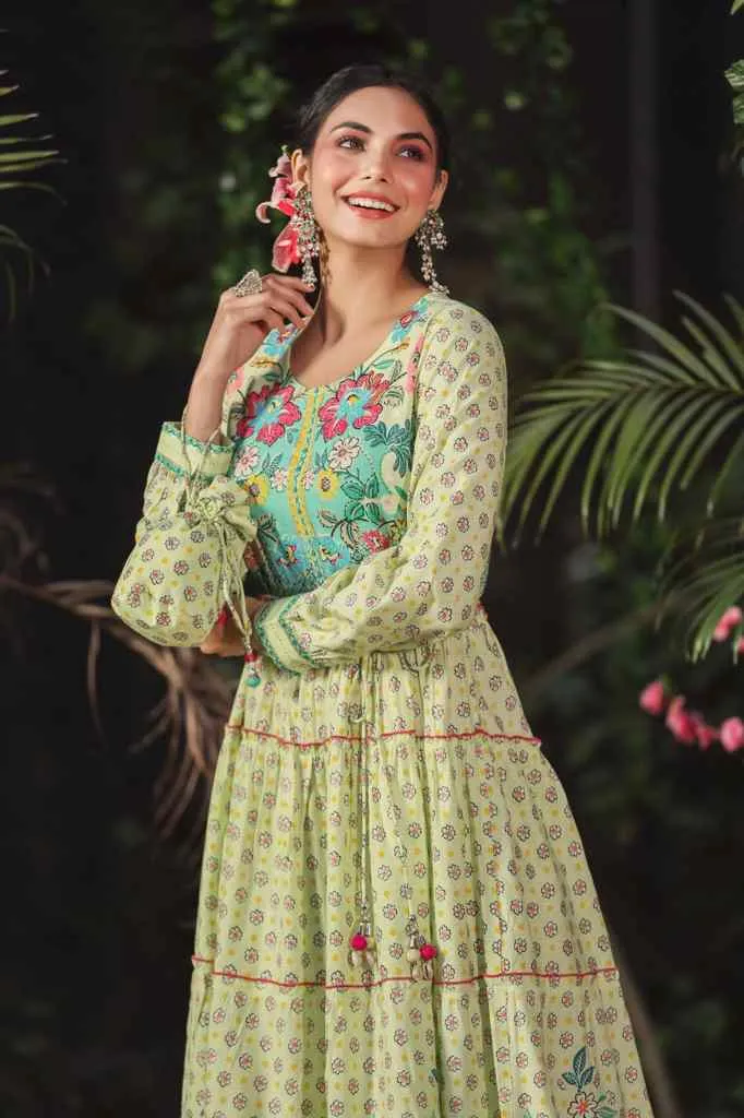 Women Lime Rayon Floral Dress