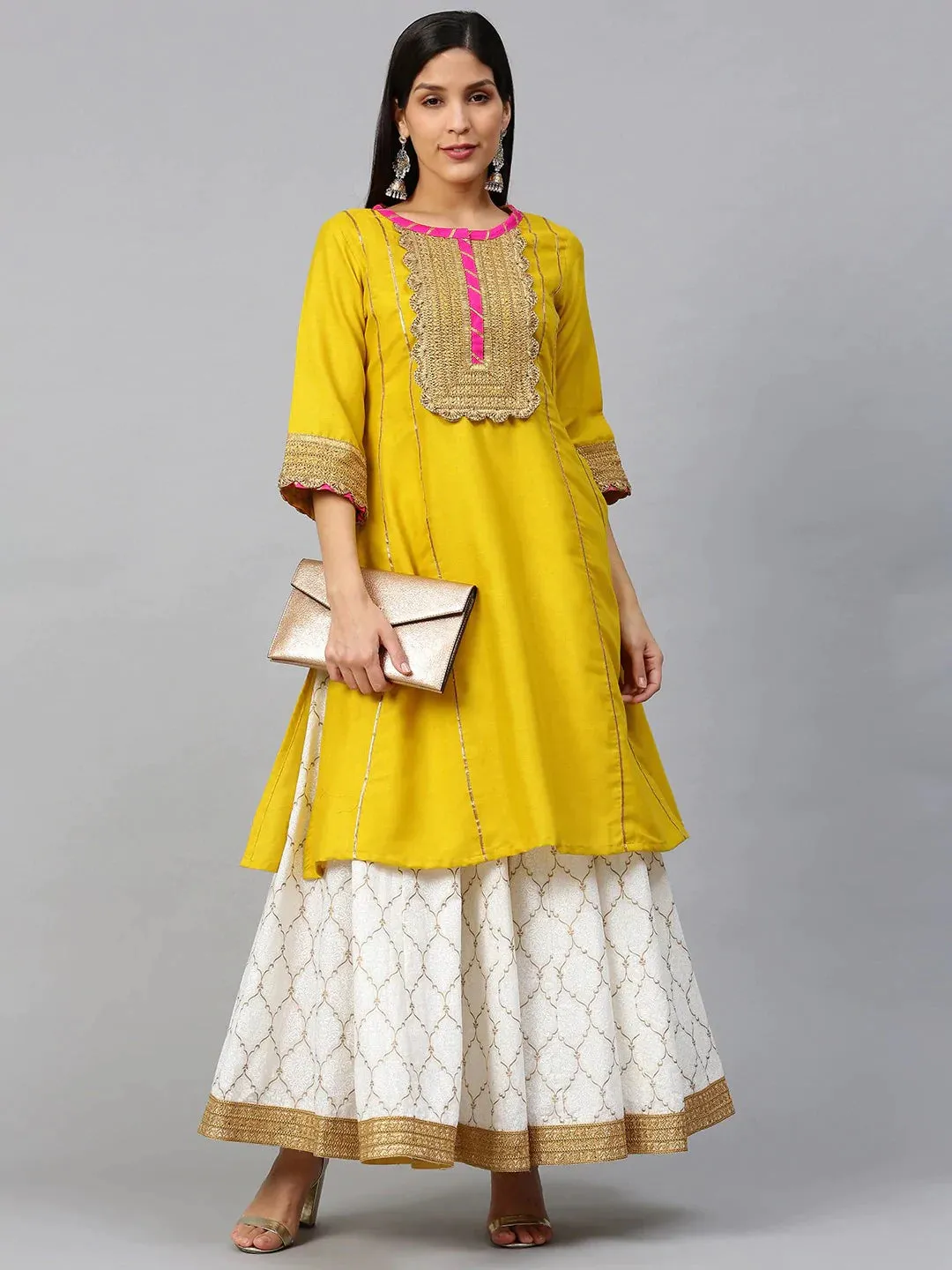 Women'S Mustard & White Gotta Patti Striped Kurta With Block Printed Skirt